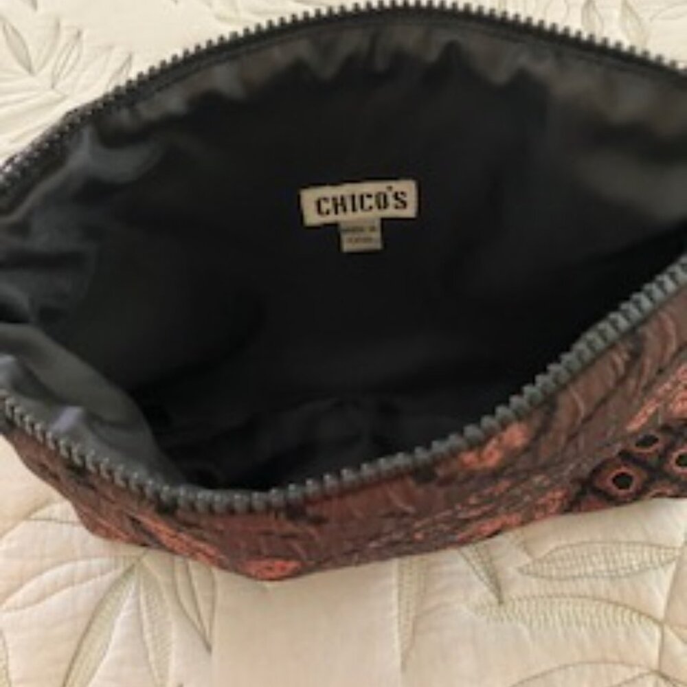 Chico's Brocade Fabric Accessories Bag Black/Brown Color Scheme - Picture 2 of 5